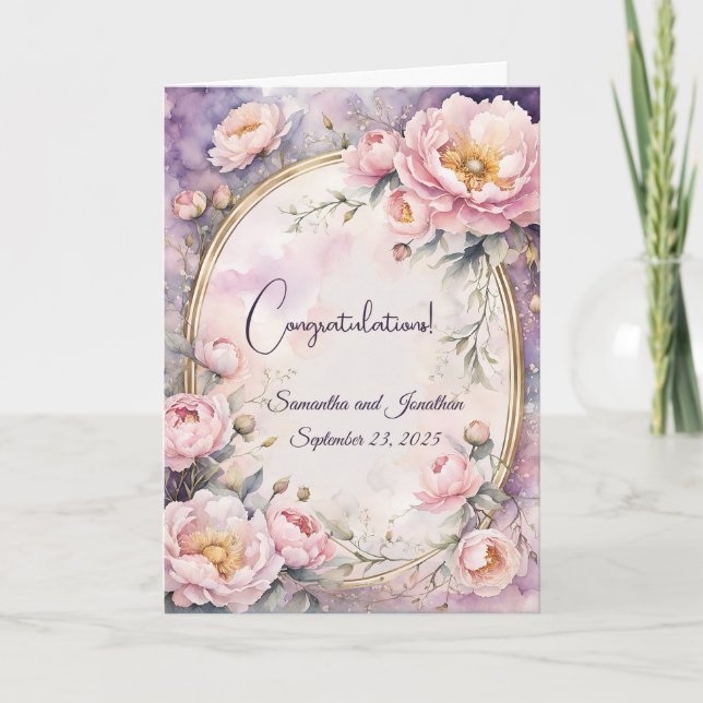 Cartão Casamento de Frame Oval de Peony Rosa Elegante (Frente)