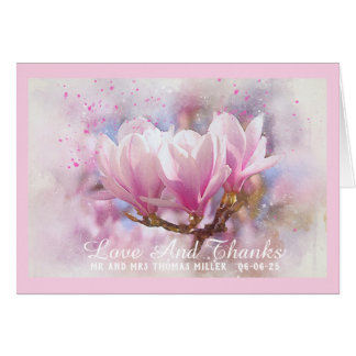 Cartão Casamento de Magnolias Rosa Obrigado Nota