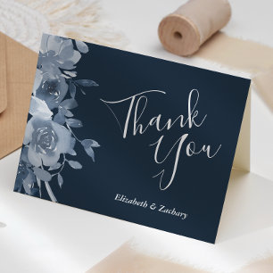 Cartão Casamento de Marinho Azul Floral Dusty Obrigado