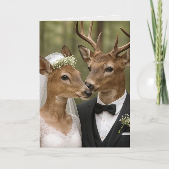 Cartão Casamento de Veado e Corça na Floresta (Frente)