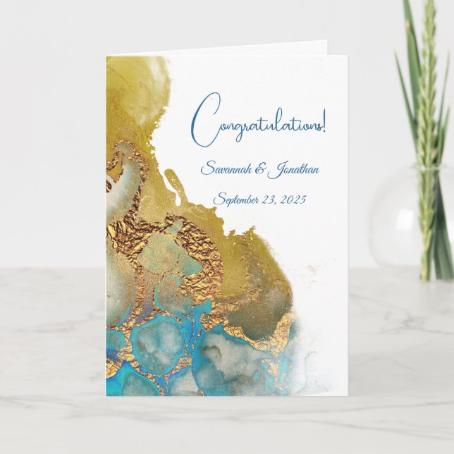 Cartão Casamento Dourado com Abstrato azul-turquesa (Frente)