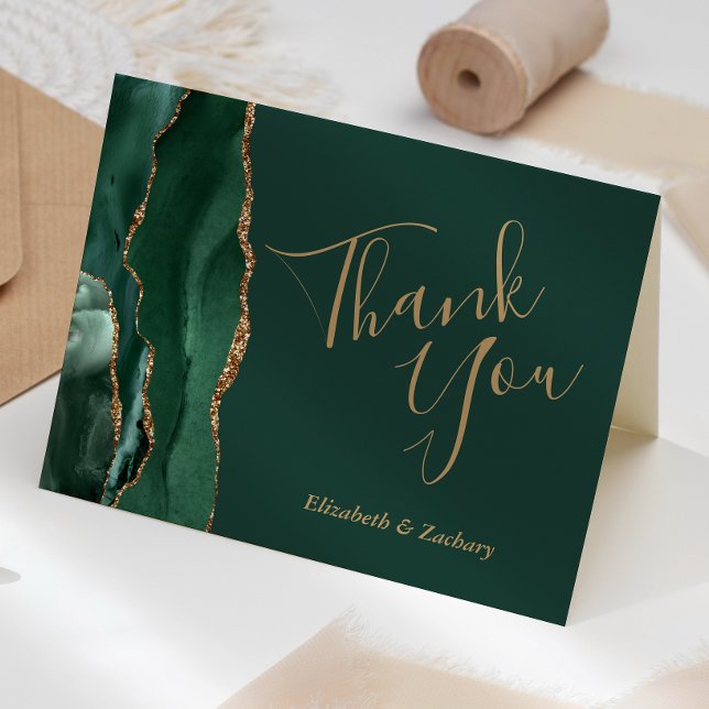Cartão Casamento Dourado da Emerald Green Agate Obrigado (Criador carregado)