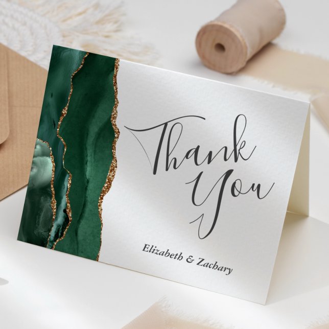 Cartão Casamento Dourado da Emerald Green Agate Obrigado (Criador carregado)