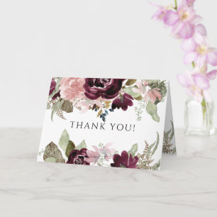 Cartão Casamento Elegante Floral Rosa Burgundy Obrigado