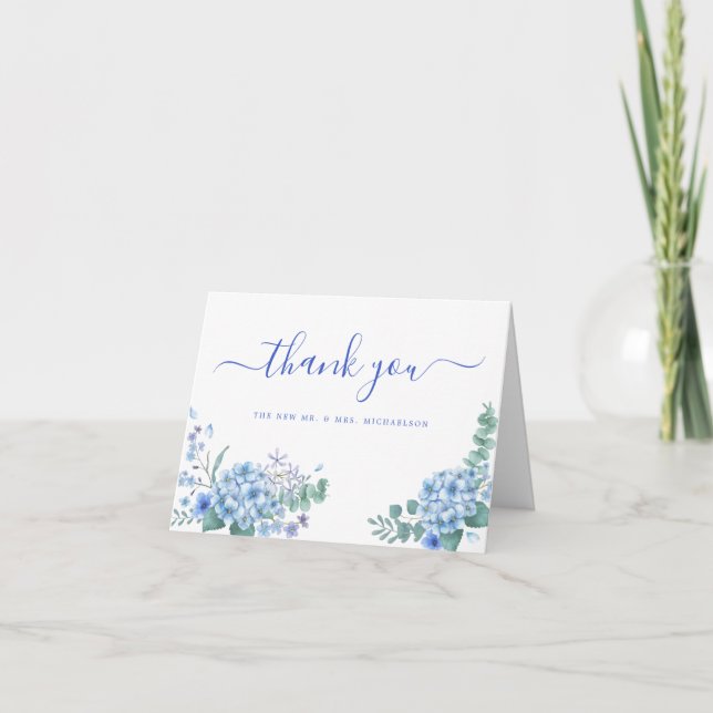 Cartão Casamento Floral Blue Hydrangea Obrigado (Frente)