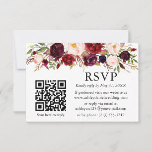 Cartão Casamento Floral de Watercolor Burgundy QR RSVP