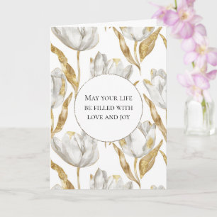 Cartão Casamento Floral Dourado Romântico Tulipas Brancas