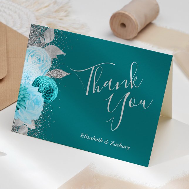 Cartão Casamento Floral Turquesa Silver Obrigado (Criador carregado)