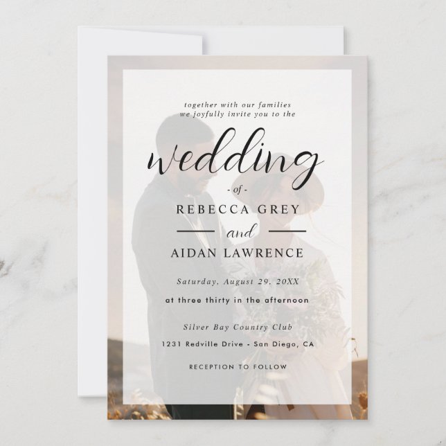 Cartão Casamento Fotográfico com Borda de Ouro Branco e P (Frente)