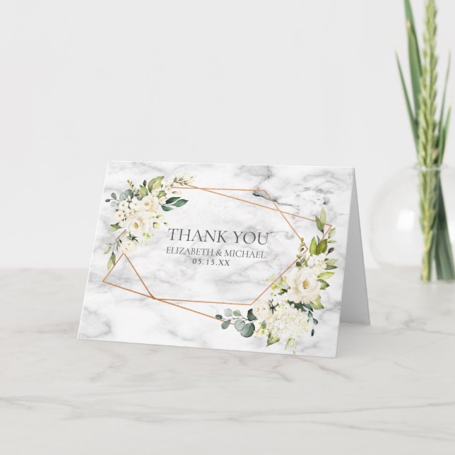 Cartão Casamento Fotográfico Floral Branco Geométrico de  (Frente)