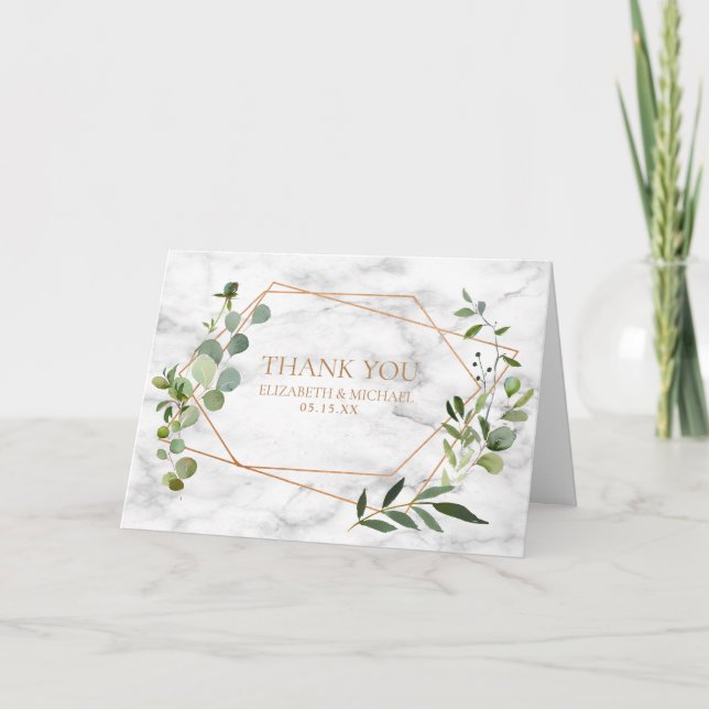 Cartão Casamento Geométrico Eucalyptus Marble De Cobre (Frente)