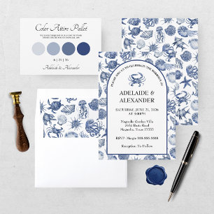 Cartão Casamento Moderno em Aquarela Azul Costeira de Pra