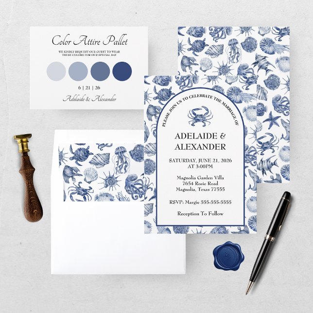 Cartão Casamento Moderno em Aquarela Azul Costeira de Pra (Criador carregado)