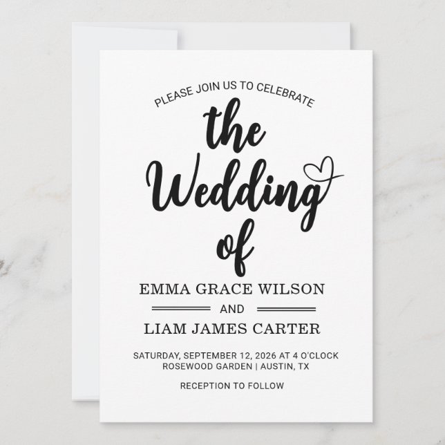 Cartão Casamento Moderno Script Preto e Branco (Frente)