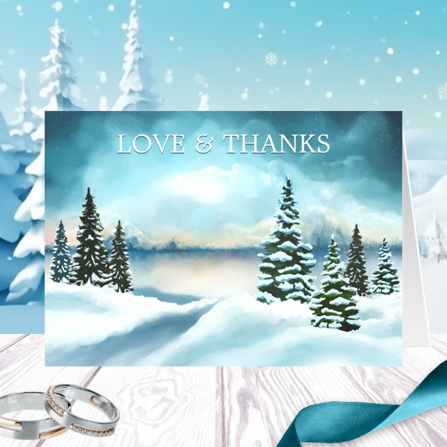 Cartão Casamento no inverno Fotografias Obrigado Nota (Photo Wedding Thank You note card featuring a watercolor painting of a winter wonderland scene)