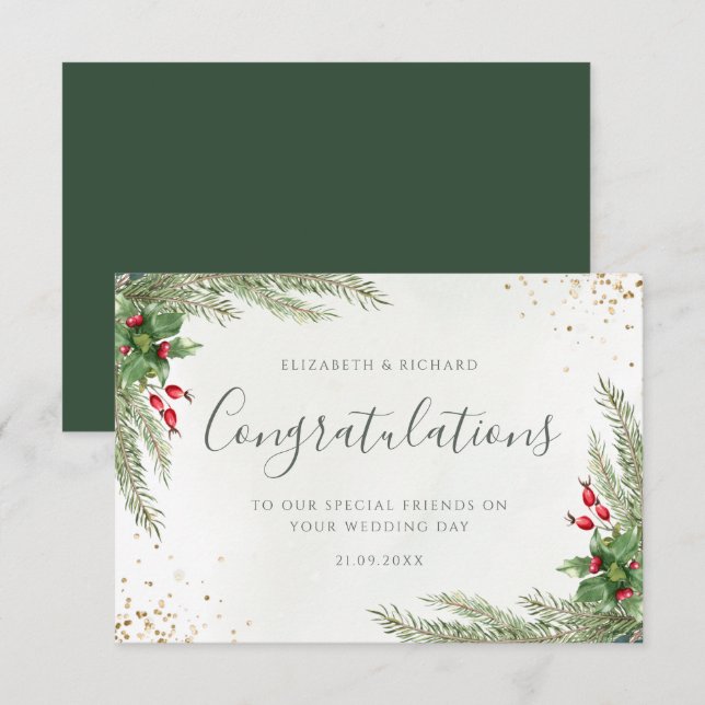 Cartão Casamento Rustic Winter Greenery Berries Pine Cone (Frente/Verso)