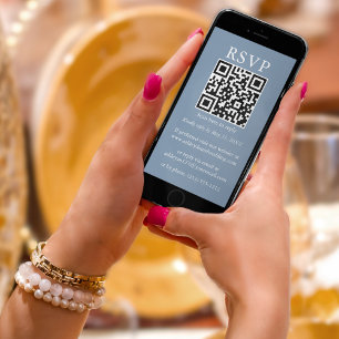 Cartão Casamento Simples Minimalista QR RSVP Dusty Blue