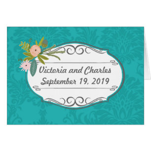 Cartão Casamento tema damasco de Chartreuse Turquoise Mod
