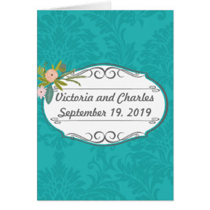 Cartão Casamento tema damasco de Chartreuse Turquoise Mod