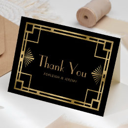 Cartão Casamento Vintage 1920s Deco Preto Dourado Obrigad
