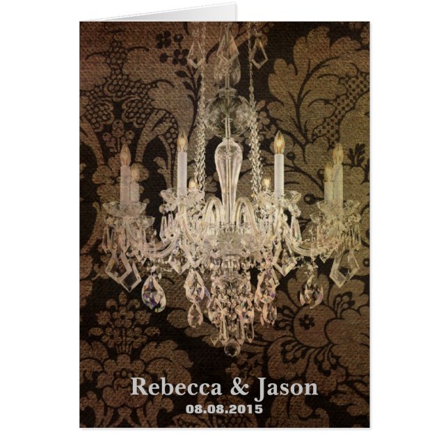 Cartão casamento vintage damask chandelier (Frente)