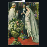 Cartão Casamento vintage, noiva e noiva com Menorah<br><div class="desc">Ilustração Vintage,  amor e cerimônia de casamento romântica,  com uma imagem de um casal se casando em uma bela sinagoga com vitrines coloridas,  flores e uma menorah de sete galhos. A noiva está vestindo um longo vestido branco e o noivo é bonito em seu smoking.</div>