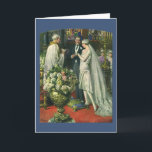 Cartão Casamento vintage, noiva e noiva com Menorah<br><div class="desc">Ilustração Vintage,  amor e cerimônia de casamento romântica,  com uma imagem de um casal se casando em uma bela sinagoga com vitrines coloridas,  flores e uma menorah de sete galhos. A noiva está vestindo um longo vestido branco e o noivo é bonito em seu smoking.</div>