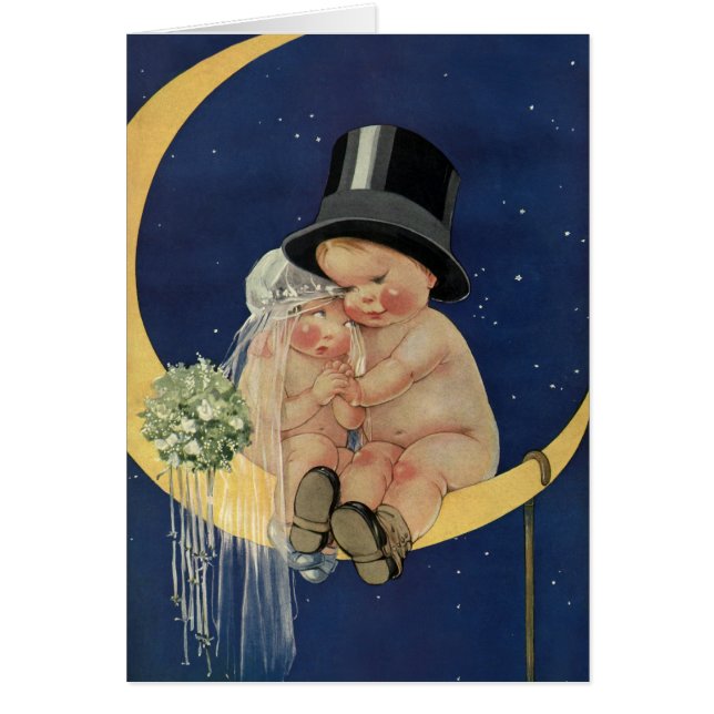 Cartão Casamento vintage, noiva e noiva em lua (Frente)