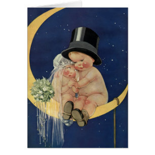 Cartão Casamento vintage, noivos bonitos em uma lua