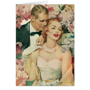 Cartão Casamento vintage, noivos com flores cor-de-rosa