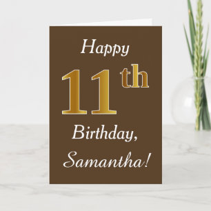 Cartão Castanho, Faux Dourado 11 Aniversário + Nome Perso