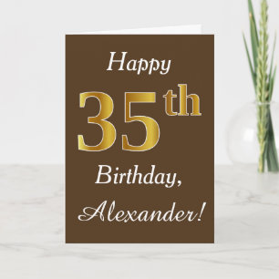 Cartão Castanho, Faux Dourado 35.º Aniversário + Nome P