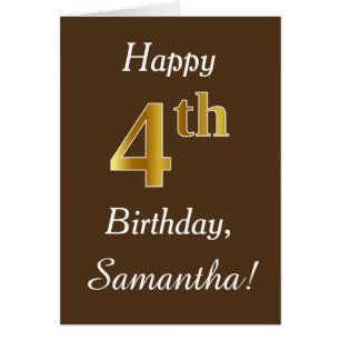 Cartão Castanho, Faux Dourado 4.º Aniversário + Nome Pers