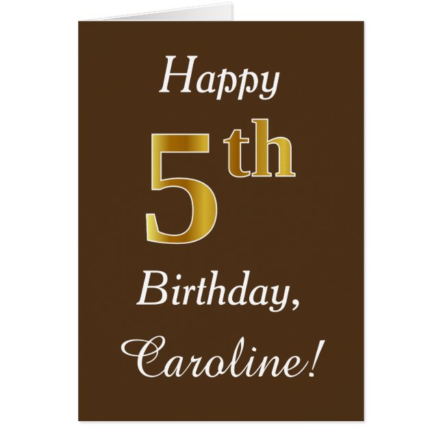 Cartão Castanho, Faux Dourado 5 Aniversário + Nome Person (Frente)