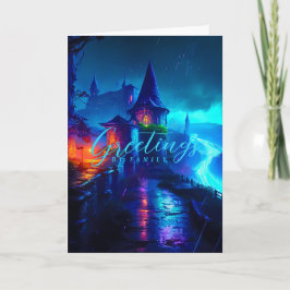 Cartão Castelo de Fantasia Neon Mágico Noite Cyberpunk