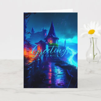 Cartão Castelo de Fantasia Neon Mágico Noite Cyberpunk