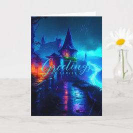 Cartão Castelo de Fantasia Neon Mágico Noite Cyberpunk