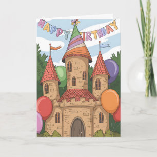 Cartão Castelo usando chapéu de aniversário