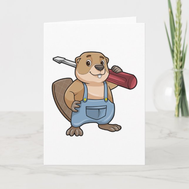 Cartão Castor como Artesão com Chave de Fenda Ranhurada (Frente)