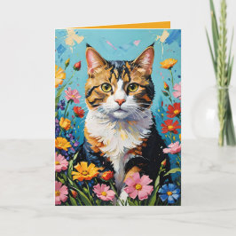 Cartão Cat and Flowers Greetings Card