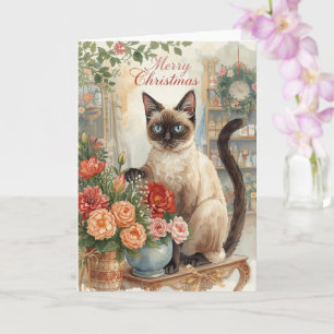 Cartão Cat Christmas temido pelo gato siamês em florista