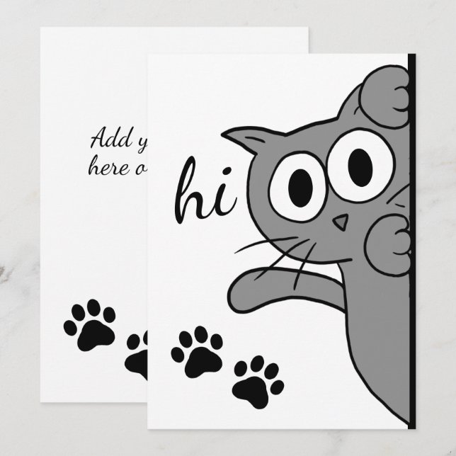 Cartão Cat Dizendo Olá Cinza Texto Personalizado Flor (Frente/Verso)