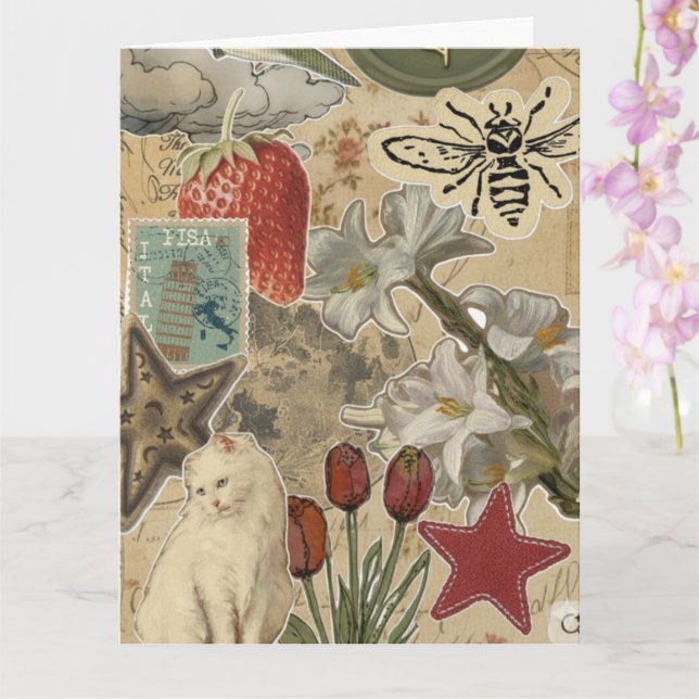 Cartão Cat Floral Collage Pattern – Cute Artistic Design (Orquídea)