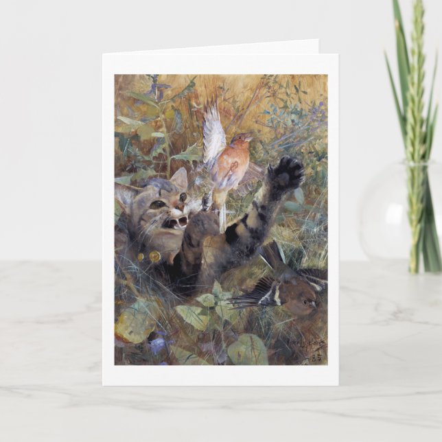Cartão Cat Pegando um Pássaro, Bruno Liljefors (Frente)