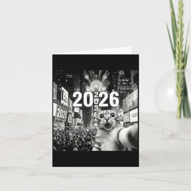 Cartão Cat Selfie At New York Happy New Years Eve 2026 Ba (Frente)