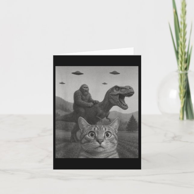 Cartão Cat Selfie Com Alimento De Dinossauro T-rex Pé-Gra (Frente)