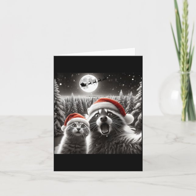 Cartão Cat Selfie Racoon Funny Santa Christmas Dog  (Frente)
