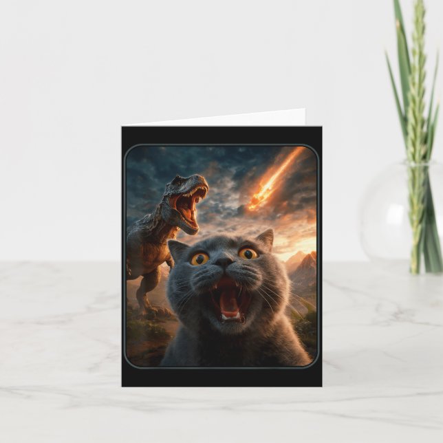 Cartão Cat Selfie With T-rex Dinosaur Funny Cat T Rex Shi (Frente)