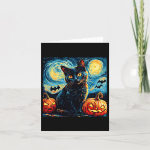 Cartão Cat Starry Night Van Gogh Cat Lover Pumpkins Bats