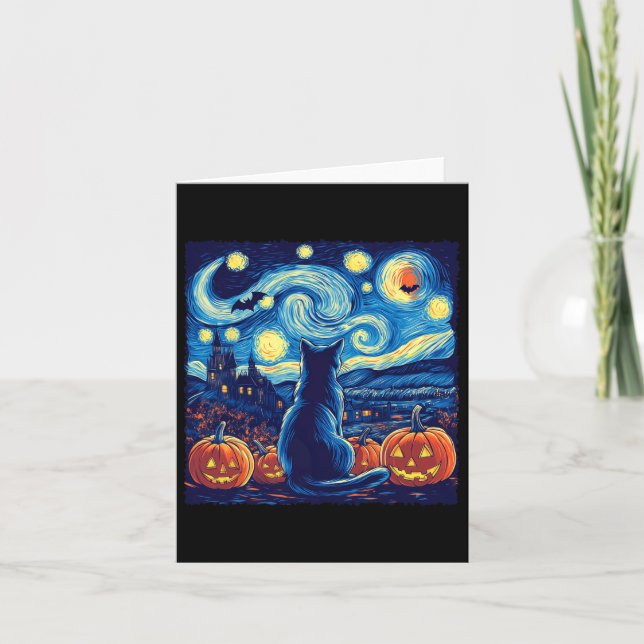 Cartão Cat Starry Night Van Gogh Cat Lovers Pumpkins (Frente)
